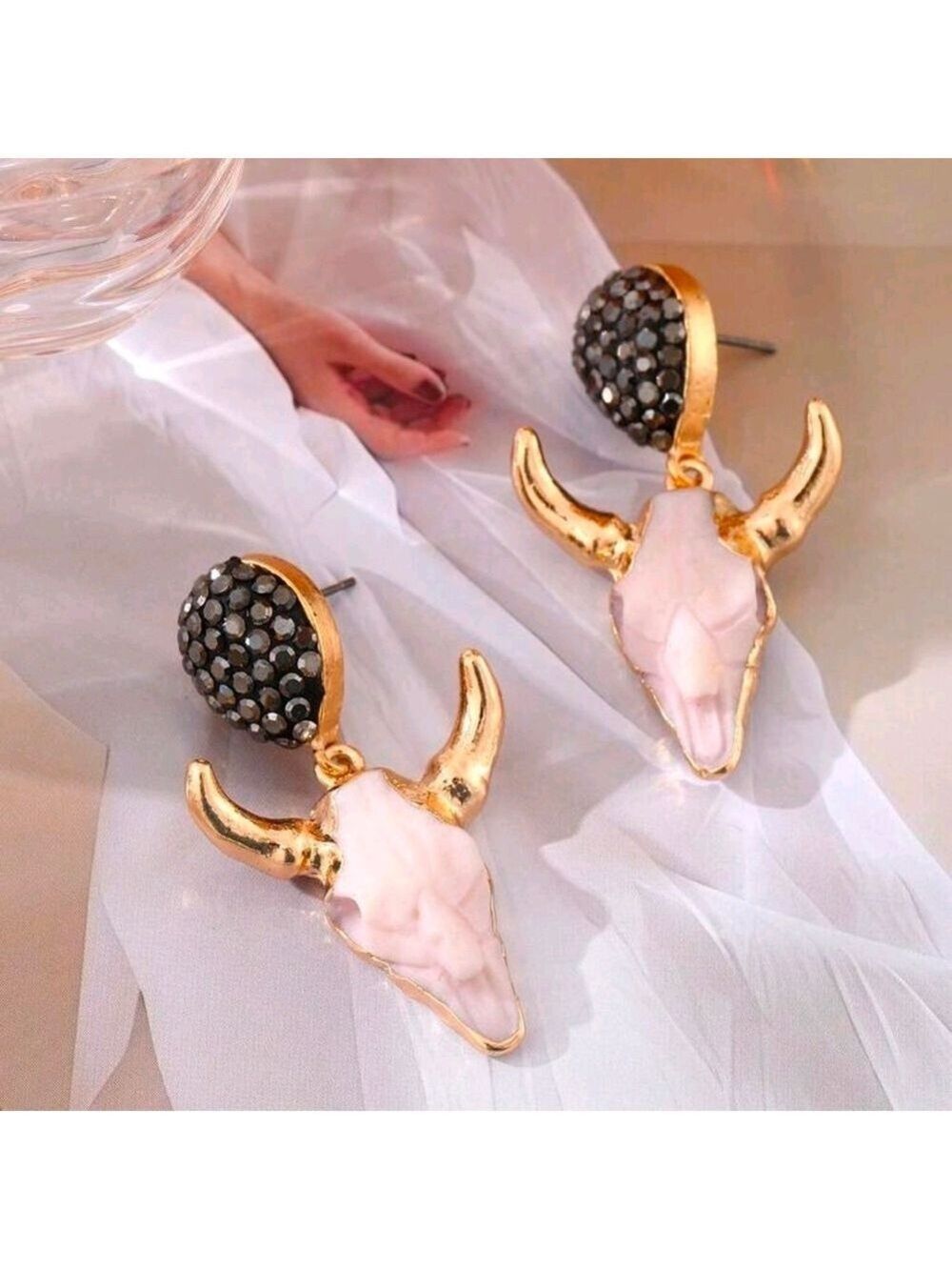 Gold Pink Bull Skull Earrings with Black Accents - Picture 1 of 1